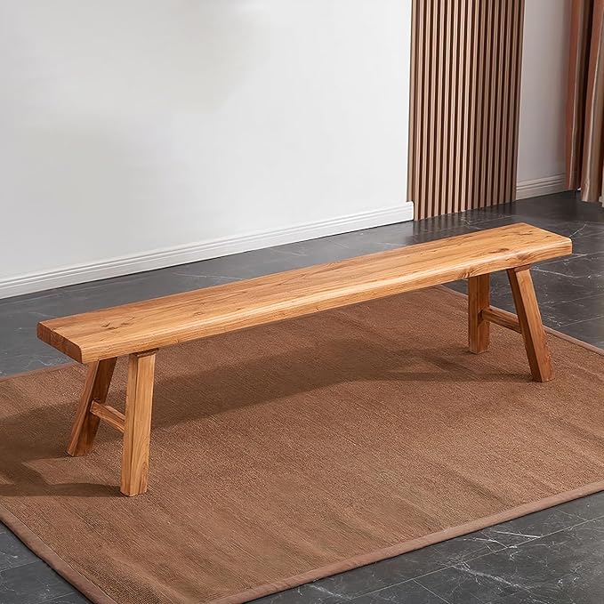 Farmhouse Wood Bench Indoor - 39.3 Inch entryway Bench, Natural Solid Wood, Durable and Sturdy, Suitable for Dining Room, Bedroom, Porch and Other Narrow Spaces