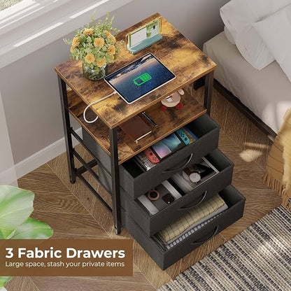 Seventable Nightstand with Charging Station and LED Light, Set of 2 Side Table with 3 Fabric Drawers, Bedside End Table with USB Ports and Outlets, Night Stand for Bedroom, Rustic Brown