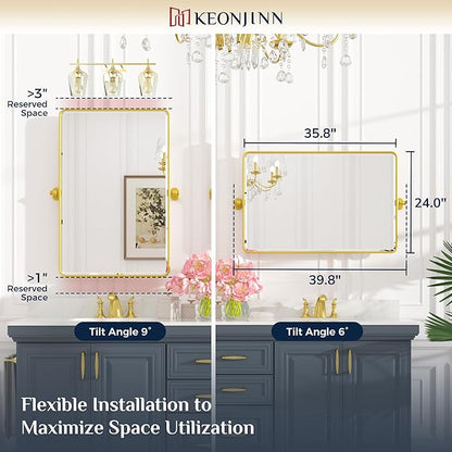 Keonjinn 24 x 36 Inch Pivot Mirror Bathroom, Gold Tilt Mirror Bathroom for Wall, Brushed Gold Beveled Pivot Rectangle Mirrors for Over Sink, Modern Metal Framed Vanity Mirrors, Horizontal/Vertical