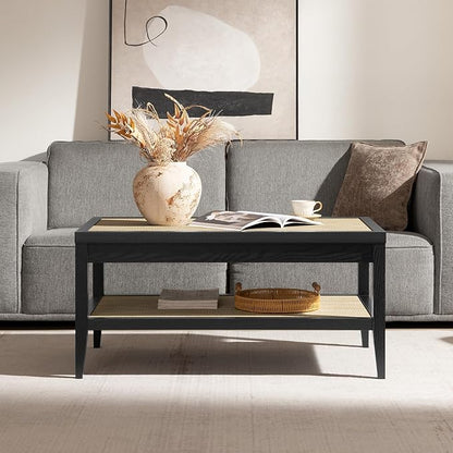 SICOTAS Rectangle Coffee Table for Living Room, Farmhouse Boho Center Table with 2-Tier Rattan Storage Shelves, Sofa Side Accent Table for Small Space, Black Oak