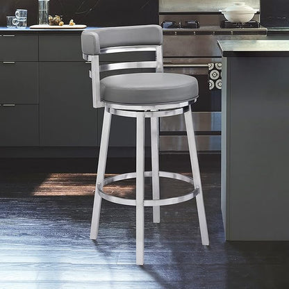 Armen Living Madrid 26" Counter Height Swivel Modern Gray Faux Leather and Brushed Stainless Steel Bar Stool for Kitchen Island Counter
