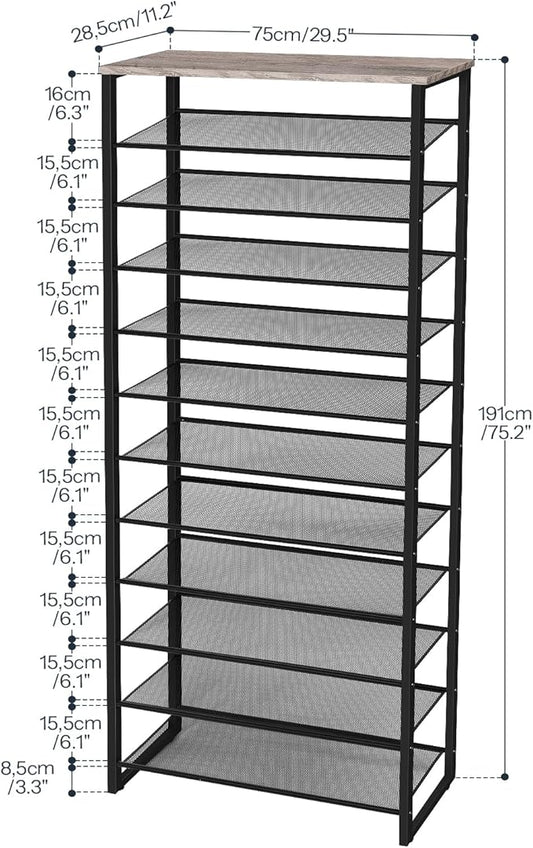 HOOBRO Shoe Rack, 12-Tier Shoe Storage Organizer, Large Capacity Shoe Shelf for Front Door Entrance, Entryway, Closet, Holds 36-48 Pairs of Shoes, Closet, Greige and Black BG127XJ01