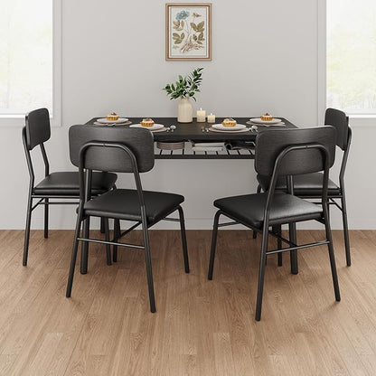 GarveeHome Dining Table Set for 4 with Storage Rack, 5-Piece Kitchen Table and Upholstered Chairs of 4, Wood Tabletop & Heavy-Duty Metel Frame, Dining Room Set for Small Space, Apartment, Black