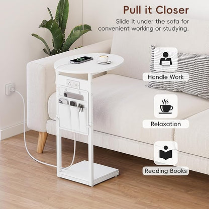 Vagusicc C Shaped End Table with Charging Station, 32" Tall Side Table for Couch and Recliner, Adjustable Height Small Couch Side Table Slide Under Sofa TV Tray Table for Living Room, Bedroom, White
