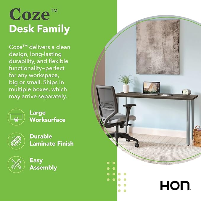 HON Coze Home Office Desks, Sturdy Table Computer Desk, 42", Walnut Top, Silver Base
