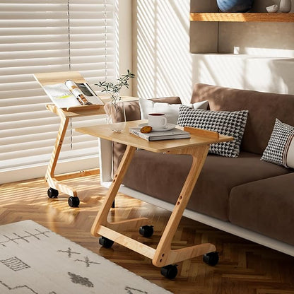 TV Tray Table, TV Dining Table with Casters for Small Spaces, Solid Wood End Table, Sofa Couch Side Table Removable Snack Tray for Coffee Bed Sofa Eating Writing Reading Living Room Bedroom