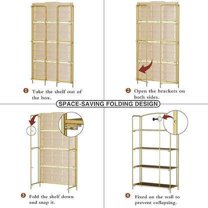 Crofy No Assembly Folding Bookshelf for Living Room, 4 Tier Gold Collapsible Book Shelf for Home Office, Portable Bookcase Storage Organizer