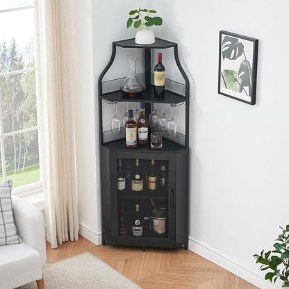GarveeHome Corner Wine Cabinet with Detachable Wine Rack, 5-Tier Industrial Corner Bar Cabinet with Barn Door and Glass Holder, Farmhouse Buffet Cabinet and Home Bar, Black