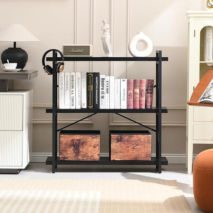 HCHQHS Bookshelf, 3-Tier Industrial Bookcase, Black Open Book Shelf, Freestanding Horizontal Bookshelves with Metal Frame