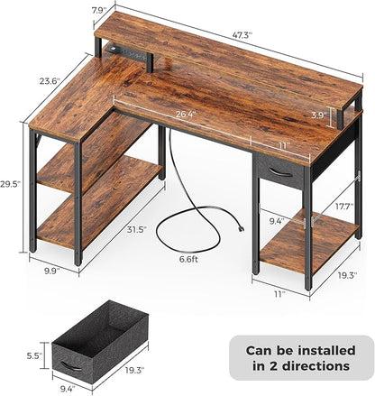 SUPERJARE 47 inch Reversible L Shaped Desk with LED Lights & Power Outlets, Computer Desk with Shelves & Monitor Stand, Gaming Desk with Drawer, Home Office Desk Corner Desk, Rustic Brown