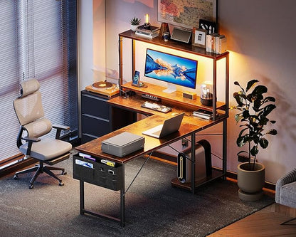 AODK L Shaped Desk Gaming Desk with LED Light & Power Outlet, 53 Inch Reversible L Shaped Computer Table with Shelf & Storage Bag & Hook for Home Office, Vintage