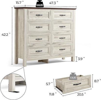 LINSY HOME Dresser for Bedroom with 8 Drawers, Updated Wide Chest of Drawers, Modern Farmhouse Bedroom Tall Dresser with Storage Organizer, Wooden Dressers for Living Room, Beige