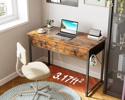 Casaottima 40 Inch Small Office Computer Desk with 2 Drawers & Headphone Hook - Compact Writing Desk for Home Office, Study or Work, Modern Space-Saving Design for Small Spaces, Pure Vintage