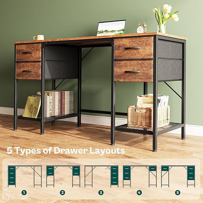 Huuger 55 Inch Computer Desk with 4 Drawers, Office Desk with Mesh Shelf, Gaming Desk, Large Storage, Writing Desk Work Desk for Home Office, Study, Bedroom, Work from Home, Rustic Brown