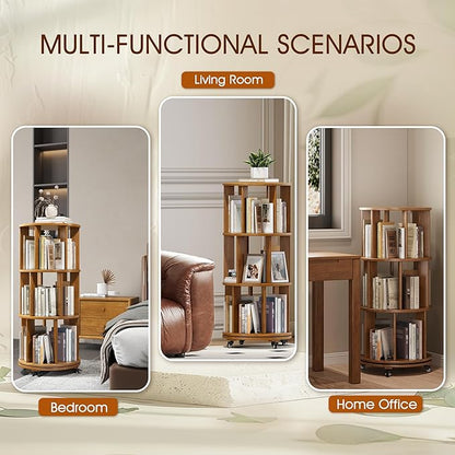3 Tier Rotating Bookshelf Tower Spinning Bookshelf with Swivel Wheels Book Shelf Rotating Storage Tower for Kids Adult Narrow Walnut Solid Wood Revolving Bookcase Organizer for Bedroom Living Room