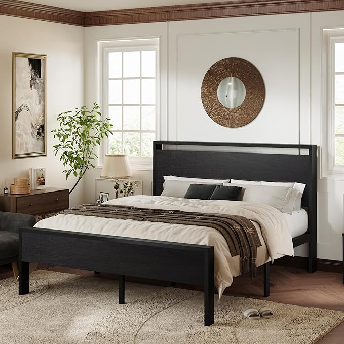 Allewie Queen Size Platform Bed Frame with Wooden Headboard and Footboard, Heavy Duty 12 Metal Slats Support, No Box Spring Needed, Under-Bed Storage, Noise Free, Easy Assembly, Black Oak