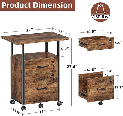 2 Wood Drawer Lockable File Cabinet with 22'' Extended Desktop, Mobile Filing Cabinet with Side Bag, Rolling Printer Stand, Fits A4&Letter Size, Home Office, Rustic Brown