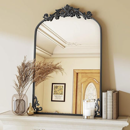 26x38 inch Vintage Arched Bathroom Mirror - Gorgeous Wall Vanity Mirror with Beautiful Retro Top and Bottom Engraving Process Frame for Entryway Hallway Living Room, Black