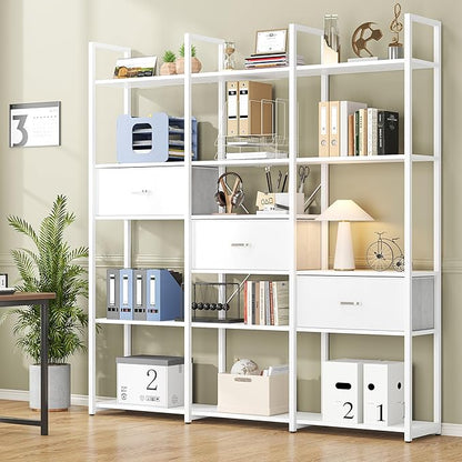 73.6" Tall Bookshelf with 3 Drawers and 16 Storage Shelves, Industrial Bookcase with 16 Open Display Shelves, Large Etagere Bookshelf, Triple Wide Book Shelf Book Case for Home & Office, White