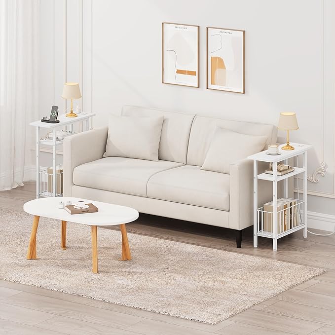 Vagusicc Narrow Side Table with Charging Station, Skinny Side End Table for Couch, 3-Tier Small End Tables for Small Spaces, 25.2" Tall Slim Nightstand Bedside Table for Living Room, Bedroom, White