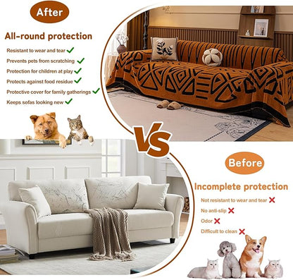HANDONTIME Sofa Covers for Couch Pet-Friendly Caramel Black Couch Cover for Dogs Shu Velveteen Short Plush Sofa Covers for 3 Cushion Boho Brunt Orange Furniture Protector Washable, 71" X134"