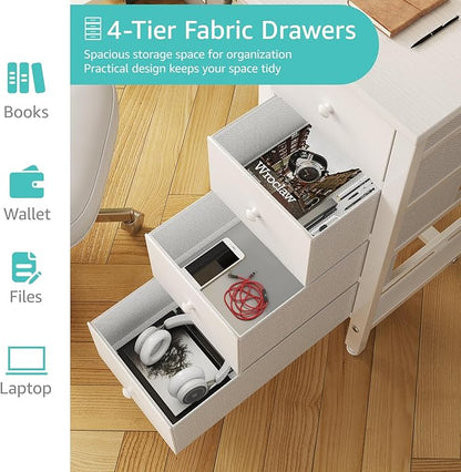Lufeiya White Computer Desk with Fabric Drawers, 47 Inch Reversible Study Work Writing Desk for Home Office Bedroom, Simple Modern Cute PC Desks with Drawer, White