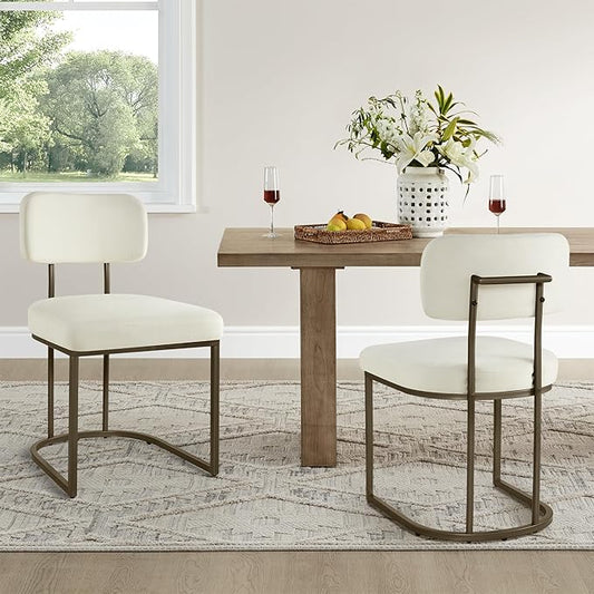 Dining Chairs Set of 2, Upholstered Modern Kitchen Chairs with Ergonomic Backrest, Fabric Cushion Seat & Metal Legs for Living Room, Restaurant, and Café, Ivory