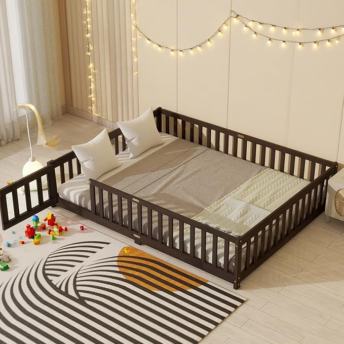 Queen Size Floor Bed Frame with Slats and Safety Guardrail, Wood Queen Size Montessori Floor Bed with Door and Fence, Easy Assemble Montessori Beds for Kids, Girls, Boys, Espresso