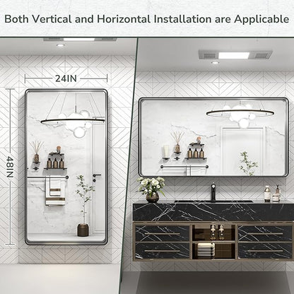 TokeShimi 48 x 24 Inch Wall Mirror Black Bathroom Vanity Mirror with Metal Frame Aluminum Alloy Rounded Corner for Modern Farmhouse Wall Decor 1”Deep Set Design (Horizontal/Vertical)
