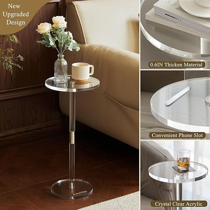 Acrylic Drink Table, Small Round Side Table for Small Space, Pedestal End Tables with Phone Holder, Multi-Use Modern Accent Tables, Martini/Cocktail Table for Living Room 10"X21" Easy Assembly