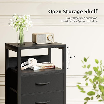 NightStand Bedside Charging Table Bedroom - Night Stand with Charger Station, Modern Nightstand with Open Shelf & 2 Fabric Drawers, Bed Side Table with USB-C USB Ports & AC Outlets for Dorm, Black