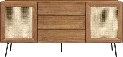 NTC MOSSIC Modern Sideboard with 4 Doors, Natural Rattan Storage Cabinet, Buffet with Metal Legs, Boho Accent Cabinet for Living Room, and Entryway, Effortless Assembly, Teak Look