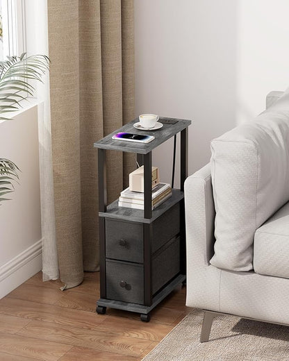 TUTOTAK Small Narrow End Tables, Side Tables with 2 Fabric Drawers, Set of 2, Bedside Tables with Charging Station for Small Spaces, Slim Nightstands with USB Ports and Wheels, TB01BY053