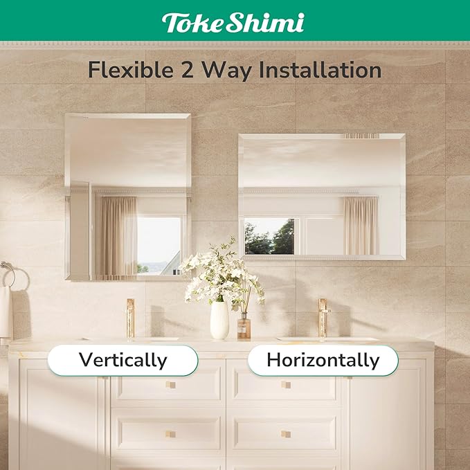 TokeShimi 36x36 Beveled Mirror Frameless Tempered, Rectangle Bathroom Mirror with 1" Beveled Edge, Shatterproof Bathroom Vanity Mirrored Wall Mounted for Living Room, Entryway, Restroom