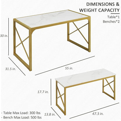 VECELO Kitchen Table with 2 Benches for 4-6,Wood Dining Room Dinette Sets with Metal Frame for Breakfast Nook and Small Space