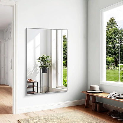 KOCUUY Large Silver Bathroom Mirror, 55x36 inch Rectangular Mirror for Bathroom Sink, Oversized Mirror with Metal Brushed Nickel Frame for Living Room, Farmhouse, Entryway, Hang Horizontal/Vertical