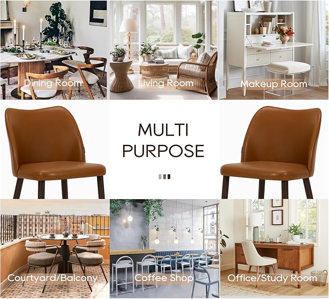 COLAMY Upholstered Dining Chairs Set of 2, PU Leather Dining Room Kitchen Side Chair with Padded Seat and Wood Legs Restaurant/Cafe,Light Brown