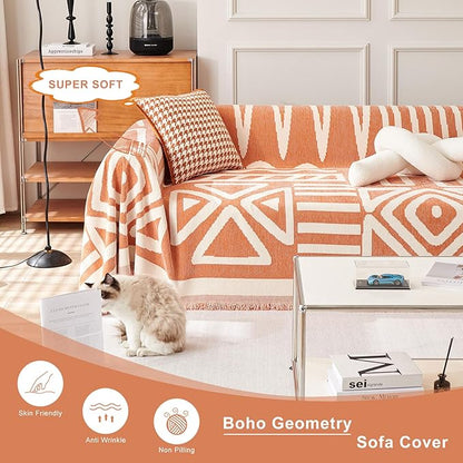 STACYPIK Reversible Caramel Sofa Cover Boho Triangle Couch Covers Non Slip Multi-use Furniture Protector for 2 Cushion Couch Jacquard Sofa Slipcovers Loveseat Couch Cover for Dog Pet-Friendly-71X118IN