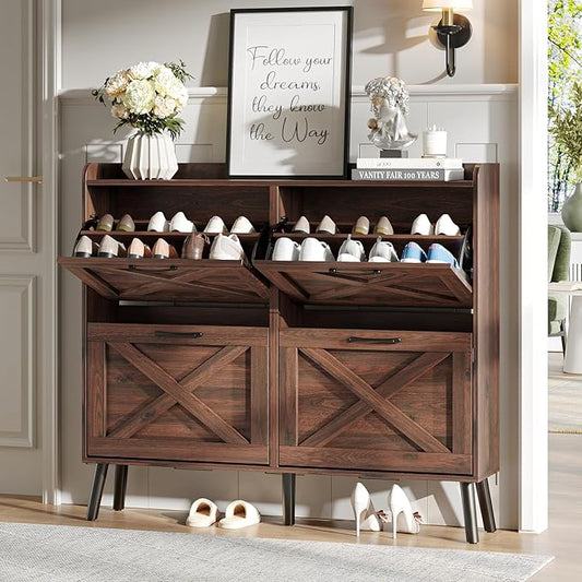 Maupvit Large Shoe Storage Cabinet with 4 Flip Drawers, Narrow Shoe Cabinet for Entryway with Wooden Legs, Freestanding Hidden Shoe Rack Organizer ＆ Metal Hinges, Walnut