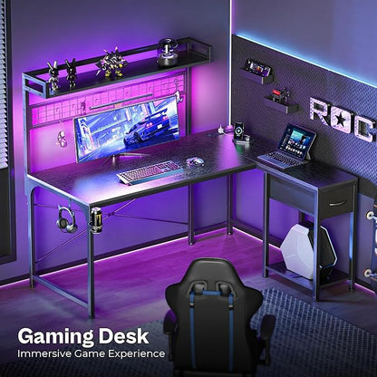 PRAISUN L Shaped Gaming Desk with Shelves, Corner Computer Table with LED Lights, Power Outlets and USB-C Ports, 50 Inch Reversible Home Office Desk with Storage Drawer, for Work and Study, Black
