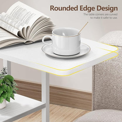 C Shaped End Table with Charging Station, Small Side Table for Couch Recliner, Slide Under Sofa Desk Snack Tables with Storage Bag & AC / USB Outlet, Small Spaces Drink Tables for Living Room, Bedroom