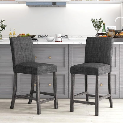 COSTWAY Upholstered Counter Height Stools Set of 2, Bar Stools w/Ergonomic Backrest, Solid Wood Frame, 24.5” Fabric Counter Height Chairs for Kitchen Island, Dining Room, Pub (Grey)