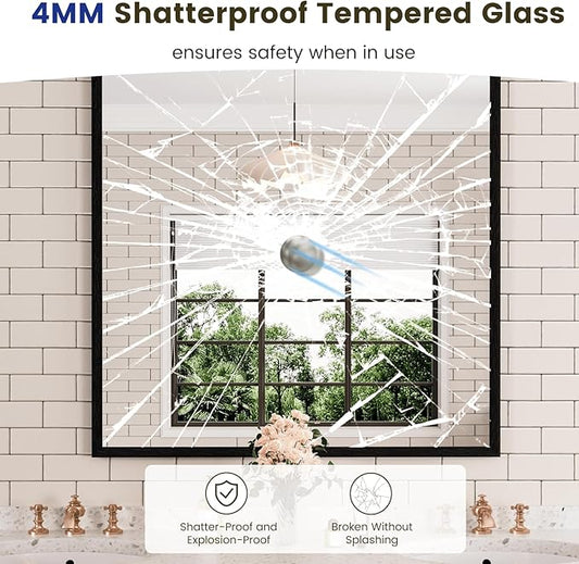 WEER 36X36 Inch Black Bathroom Mirror, Matte Black Framed Mirror, Rectangular Wall Mirror, Vanity Mirror for Bathroom, Anti-Rust, Tempered Glass, Hangs Horizontally or Vertically