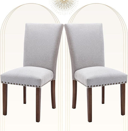 COLAMY Upholstered Parsons Dining Chairs Set of 2, Fabric Dining Room Kitchen Side Chair with Nailhead Trim and Wood Legs - Light Grey