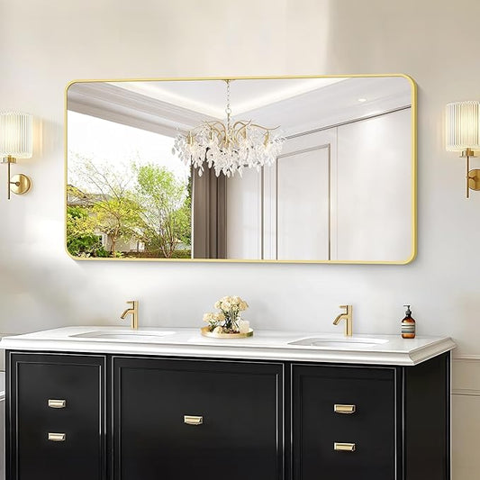 55x30 Inch Gold Bathroom Mirror, Metal Framed Gold Rectangle Mirrors, Rounded Rectangular Vanity Mirror, Large Wall Mounted Mirrors for Living Room Bedroom Entryway Hangs Horizontal or Vertical
