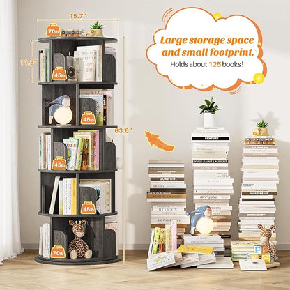 Aheaplus Rotating Bookshelf, 360 Display Wood Spinning Bookshelf Tower, 5 Tier Floor Standing Bookcase Storage Rack, Revolving Bookcase Corner Bookshelf for Small Space, Bedroom, Study Room,Black Oak