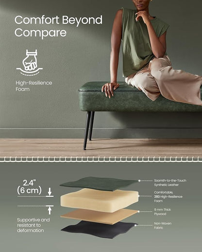 VASAGLE EKHO Collection - Bench for Entryway Bedroom, Synthetic Leather with Stitching, Ottoman Bench with Steel Legs, Living Dining Room, Mid-Century Modern, Loads 660 lb, Forest Green ULOM076C01