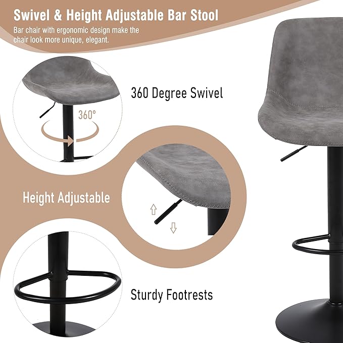 Bar Stools, Swivel Counter Height Barstools with Back, Adjustable Modern Bar Chairs, Tall Armless PU Leather Kitchen Island Stool (Grey, Set of 1)