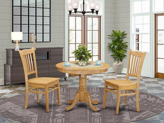 East West Furniture ANGR3-OAK-W 3 Piece Kitchen Table & Chairs Set Contains a Round Dining Room Table with Pedestal and 2 Dining Chairs, 36x36 Inch, Oak