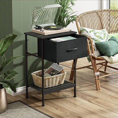 WLIVE Black Nightstand, Bedside Table with Fabric Storage Drawer, Open Wood Shelf, Night Stand for Bedroom Furniture, End Table for Dorm, Entryway, 25.03" Height